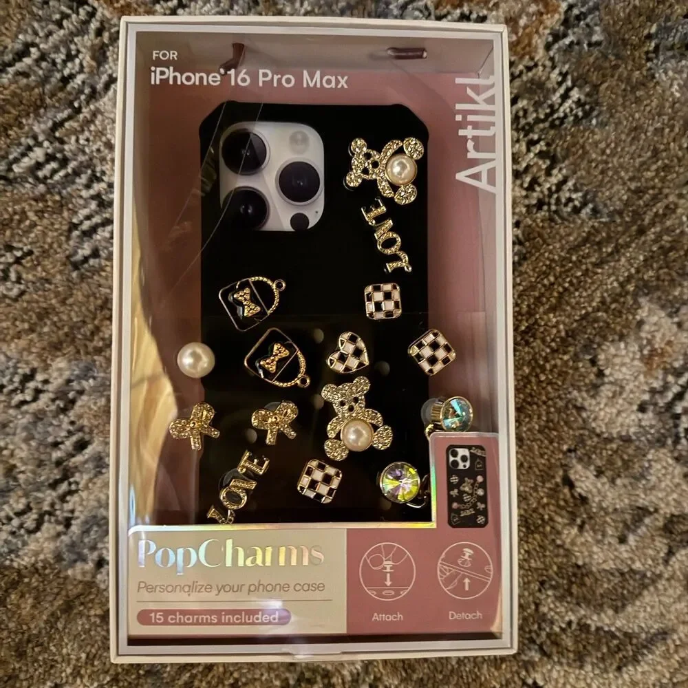 Artikl PopCharms Phone Case for iPhone 16 Pro Max Black Case with 15 Gold Charms